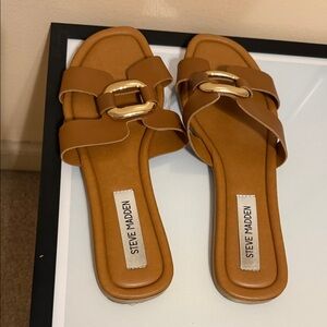 Steve Madden Tan Slide Sandals with Gold Accent